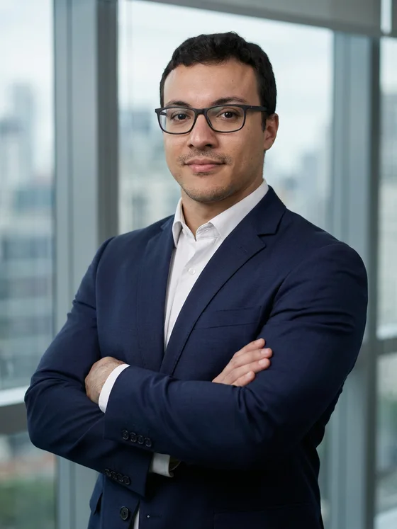 Gustavo Merisio, Web Developer and Digital Strategist, in a navy suit at a corporate office